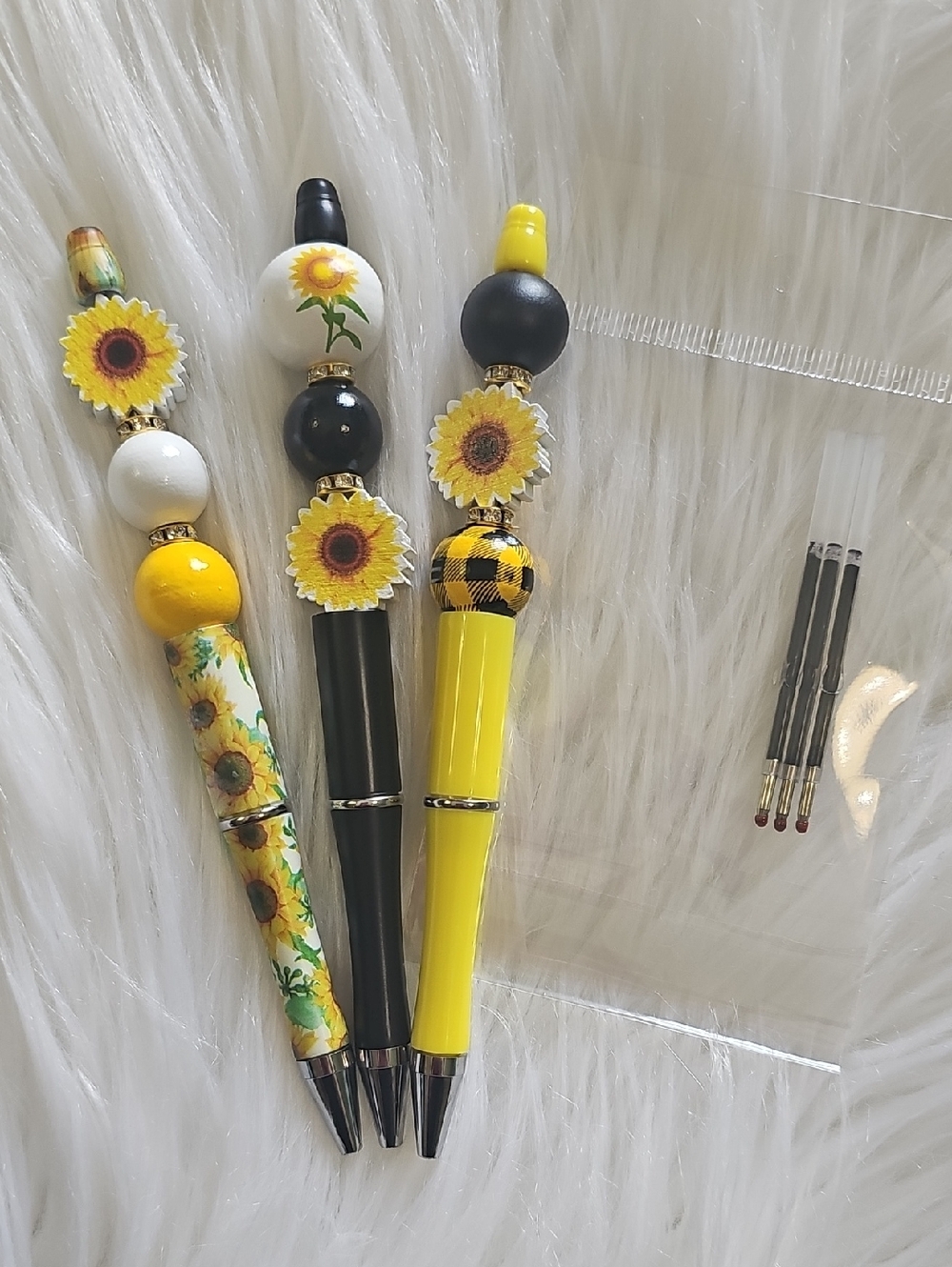 Set of 3 Handmade Sunflower Beadable Pens with 3 Ink Refills
